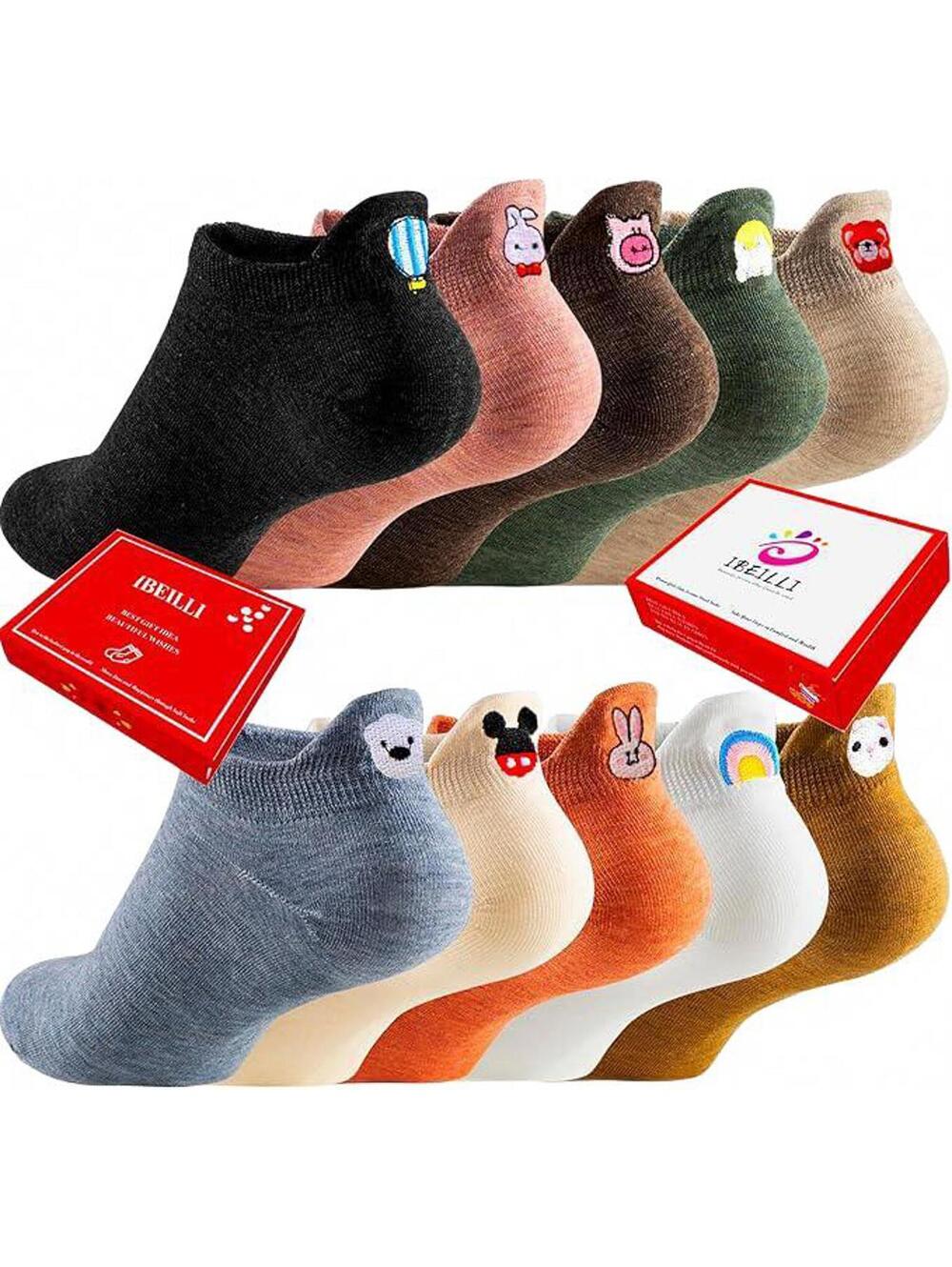 IBEILLI Women Cute Socks 10 Pairs Cotton Embroidered Funny Low Cut SZ M-L - Picture 1 of 5